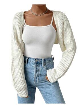 Women's Acrylic Crop Cardigan Open Front Long Sleeve Shrug Sweater